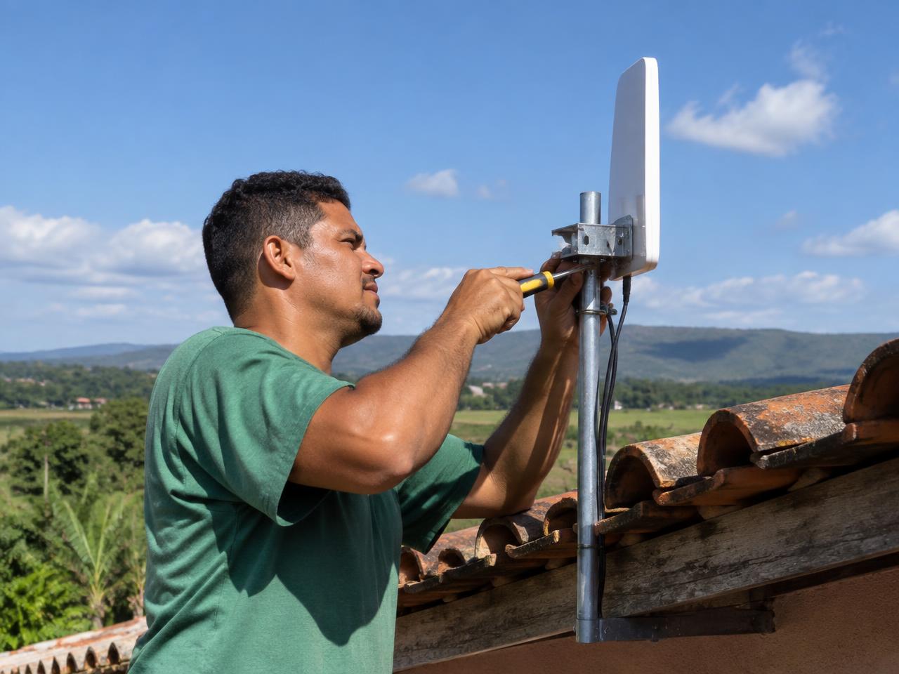 Técnico instalando antena de internet no telhado